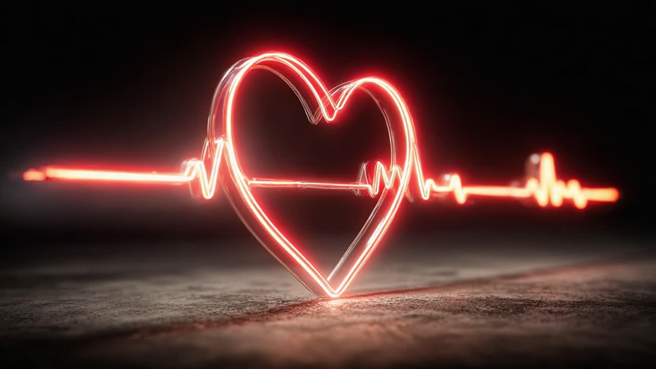 Illuminated Heartbeat: A Symbol of Love and Life Represented by a Neon Heart and Pulsing Electrocardiogram Line in a Dark Background