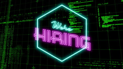 Animation-of-we're-hiring-neon-text-and-data-processing