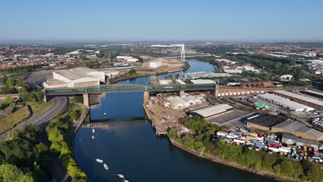 drone aerial footage of sunderland river with queen alexandra and north spire bridges on summer early morning