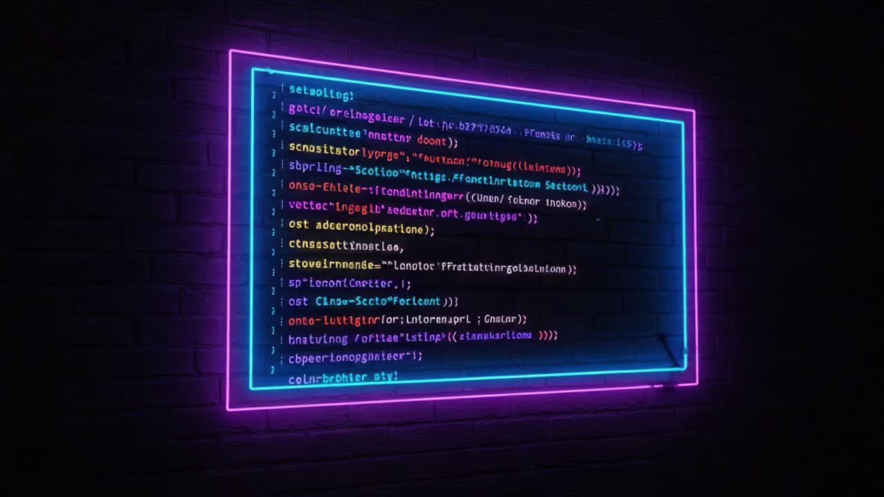 Dynamic Code Display on Neon Screen: A Showcase of Stylish Programming Syntax and Visual Aesthetics for a Modern Digital Environment