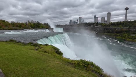 las cataratas del niágara tomadas desde el lado estadounidense con vistas al lado canadiense con el agua cayendo fuertemente desde la cascada