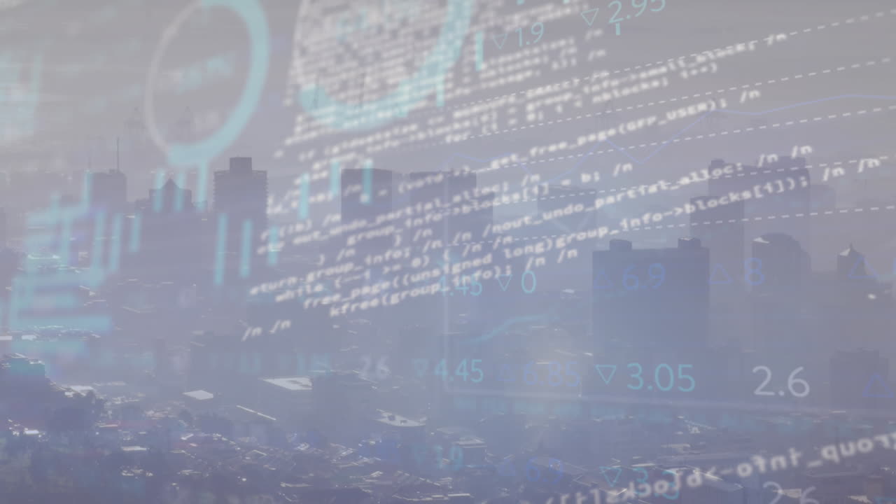 A digital animation of data processing and diagrams on a blue background