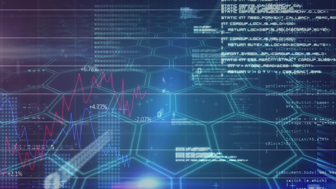 Animation of red lines and financial data processing over hexagons