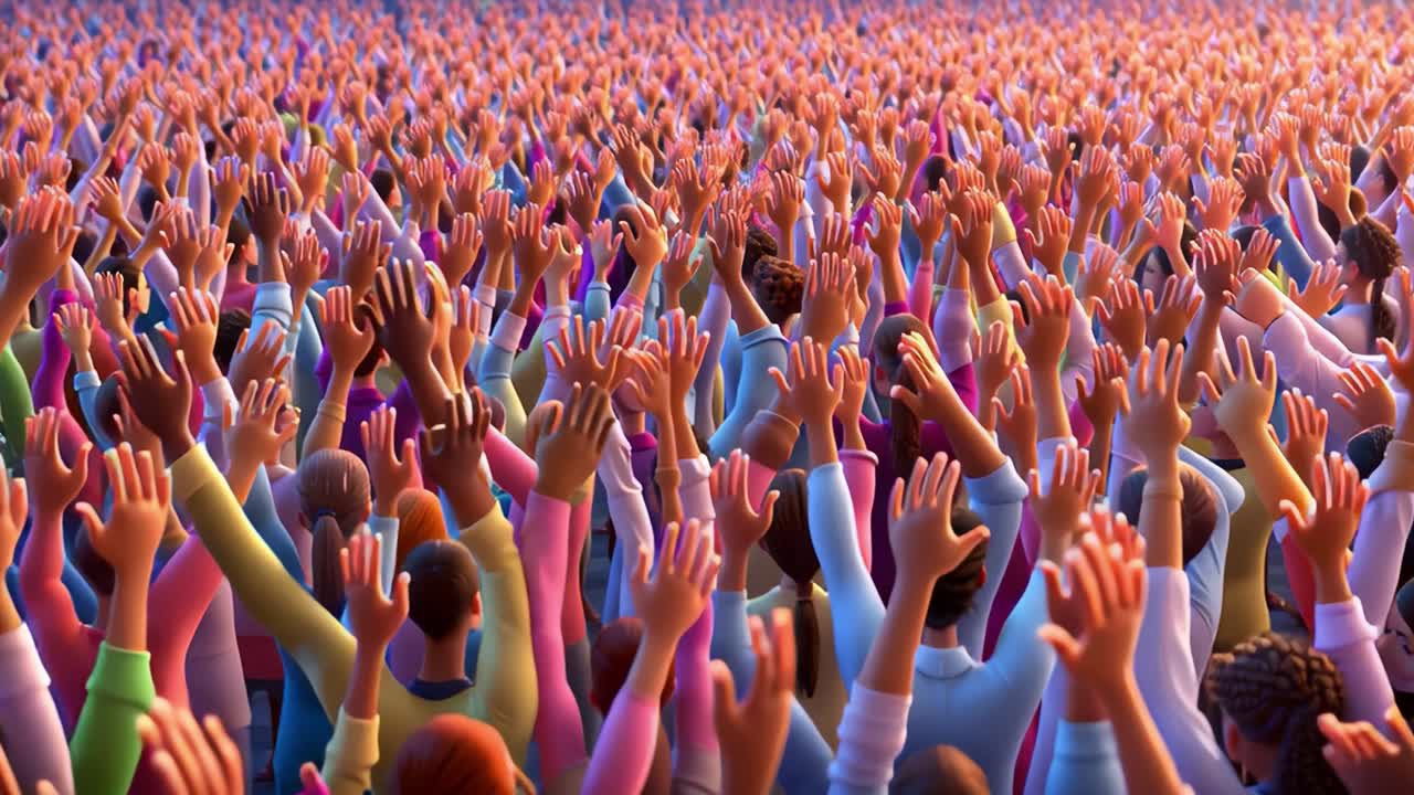 A Sea of Hands Raised in Unity and Celebration: A Captivating Display of Collective Joy and Enthusiasm as Diverse Individuals Participate in a Vibrant Gathering