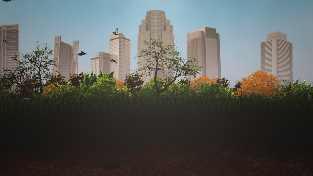 paisaje de verano con grandes edificios y pájaros en el parque nacional