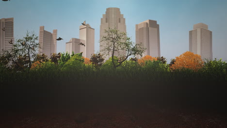 summer landscape with big buildings and birds in national park