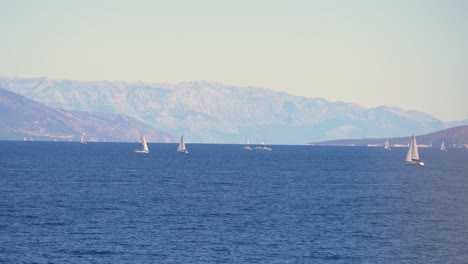 beautiful view of sailboats in adriatic sea with mountainous coast in the background