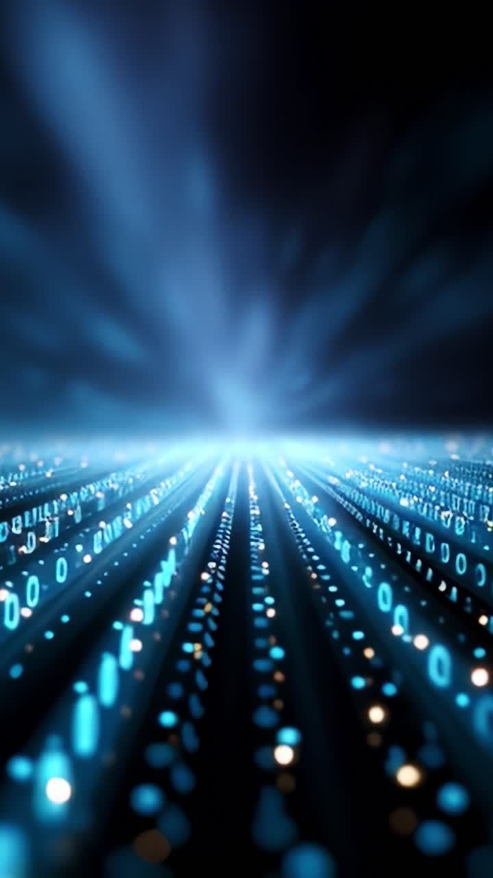 A mesmerizing view of data streams, encapsulating the essence of digital technology through illuminated binary sequences flowing into a bright horizon