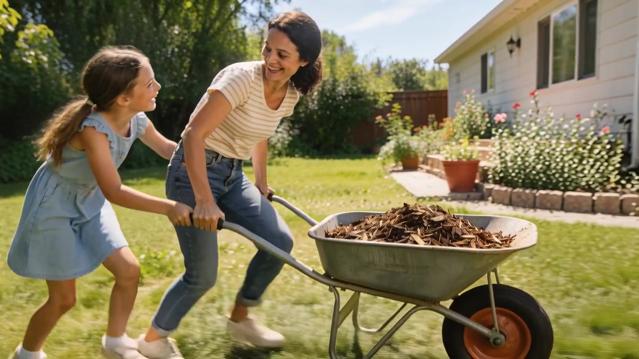 Running girl in blue dress pushing mom in striped tee, jeans, steering wheelbarrow to garden