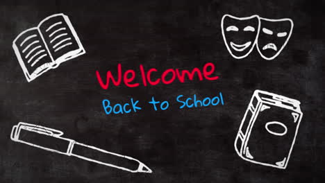 iconos del concepto escolar y texto de bienvenida a la escuela contra un fondo negro