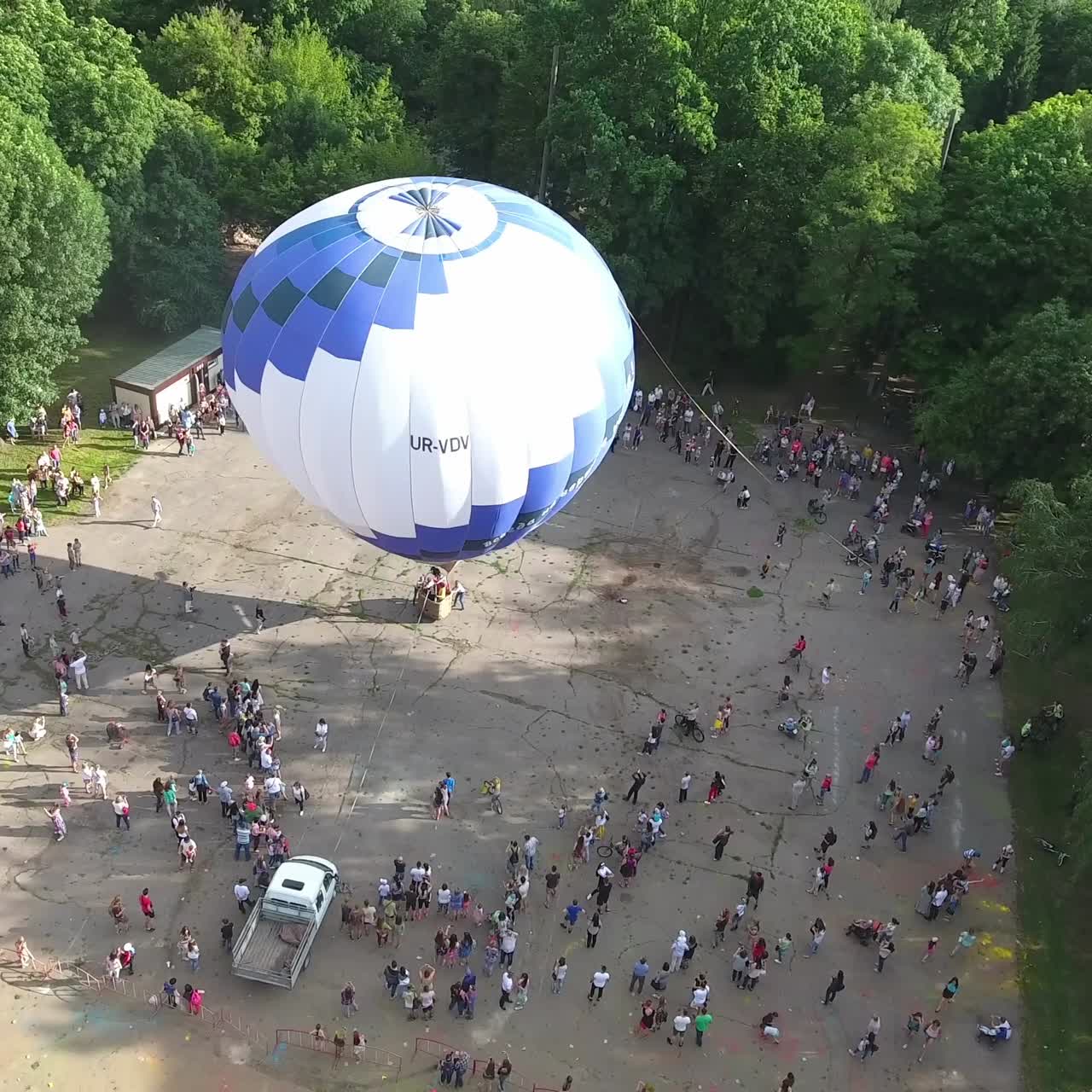 Air Balloon Is Getting Ready To Take Off. VINNITSA, UKRAINE - JULY 2017: Aerial shot of the hot air balloon is getting ready to take off in city park