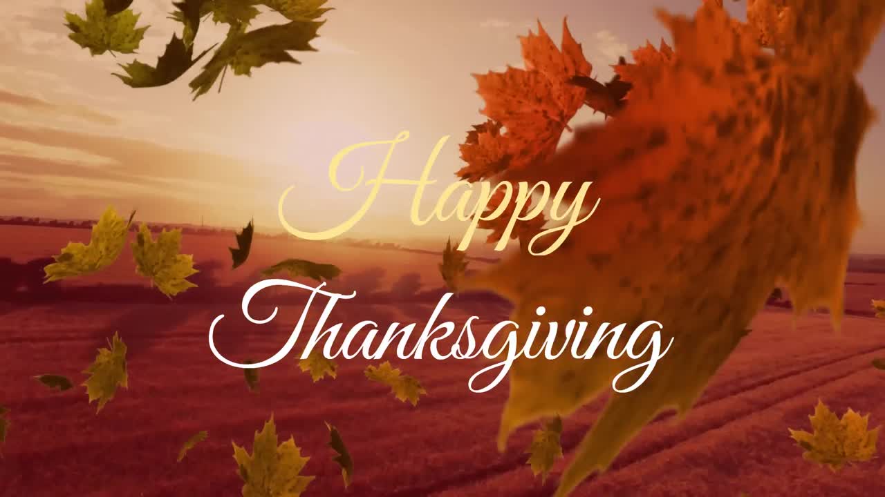 Animation of happy thanksgiving text and autumn leaves falling against aerial view of farmland