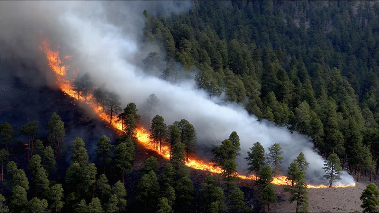 Raging Wildfire Spreading Through Forest: A Destructive Blaze Consuming Trees and Generating Thick Smoke in a Natural Landscape