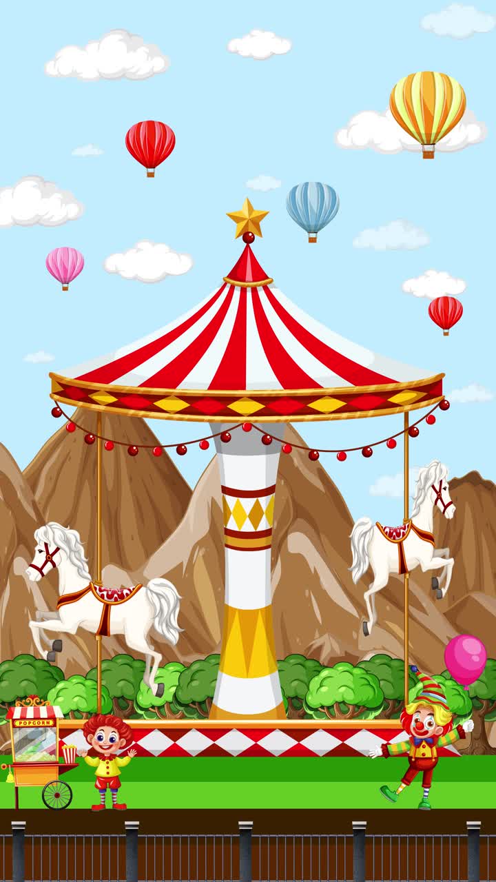 Cartoon carousel spins with white horses against a mountain backdrop and floating hot air balloons