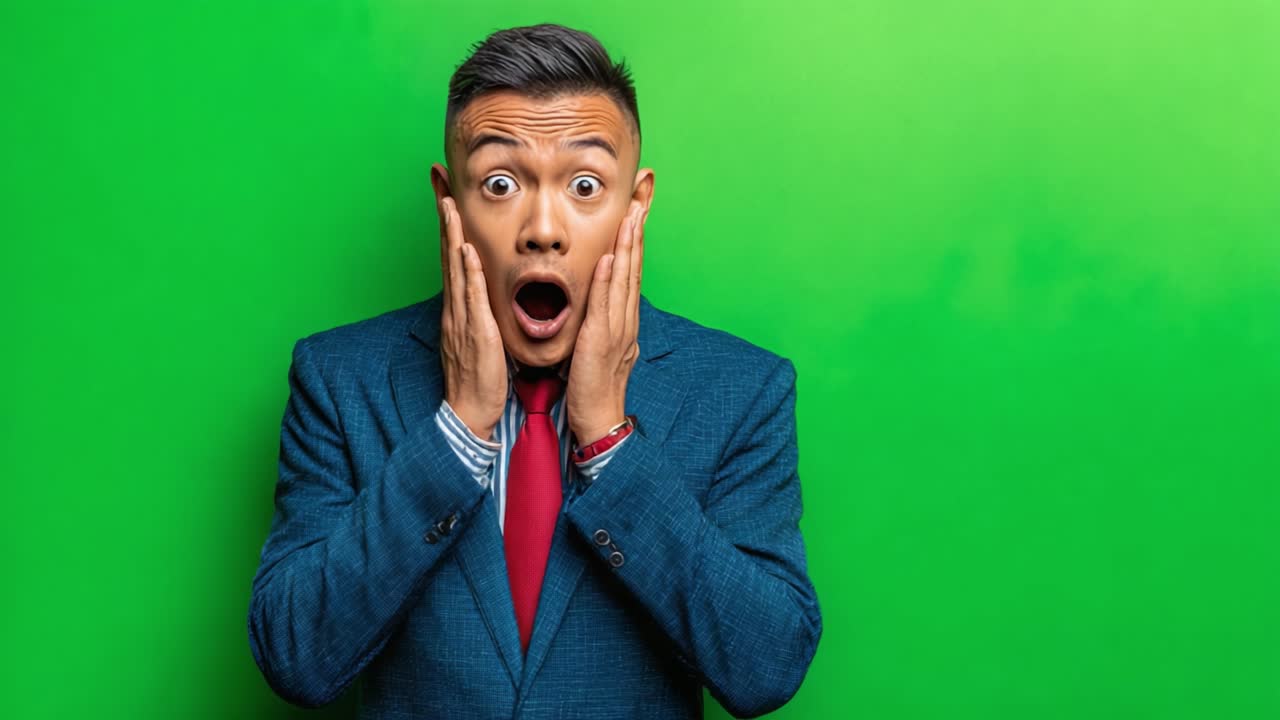 Hombre asombrado en traje expresa sorpresa con las manos en la cara sobre un fondo verde brillante en dos cautivadores fotogramas.