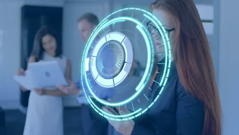 in modern office, business professionals working with futuristic digital interface animation