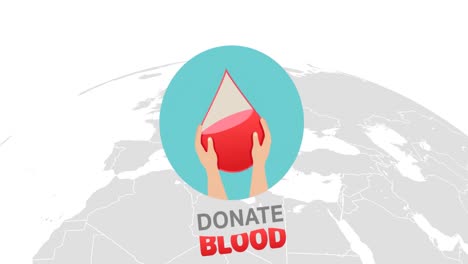 animación del logotipo de la donación de sangre y el texto sobre el mapa del mundo