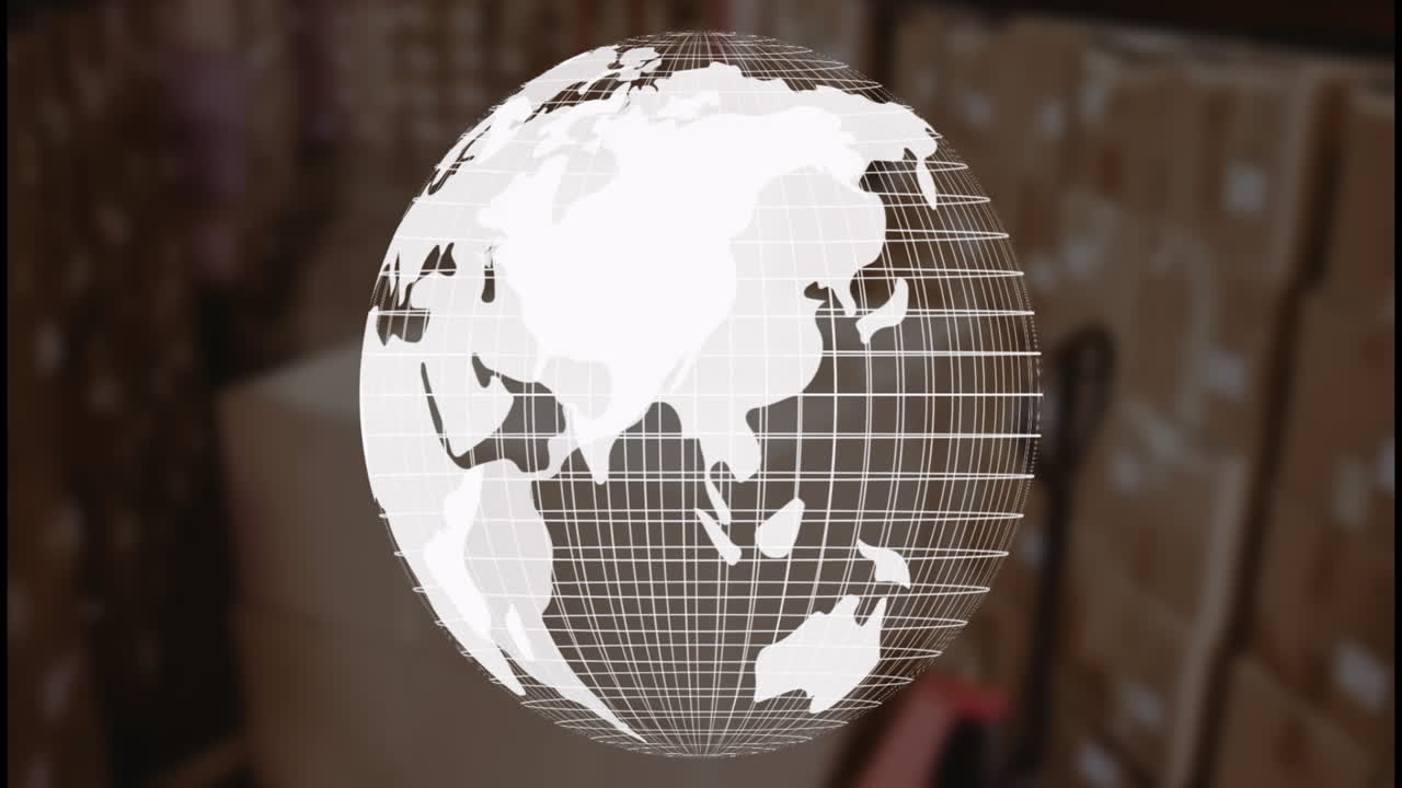 Grid-patterned globe animation over blurred background of stacked cardboard boxes
