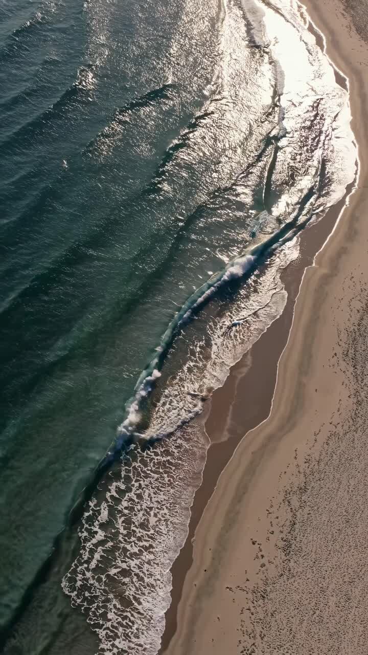 Aerial video captures serene waves gently lapping a sandy beach, showcasing the coastline's natural