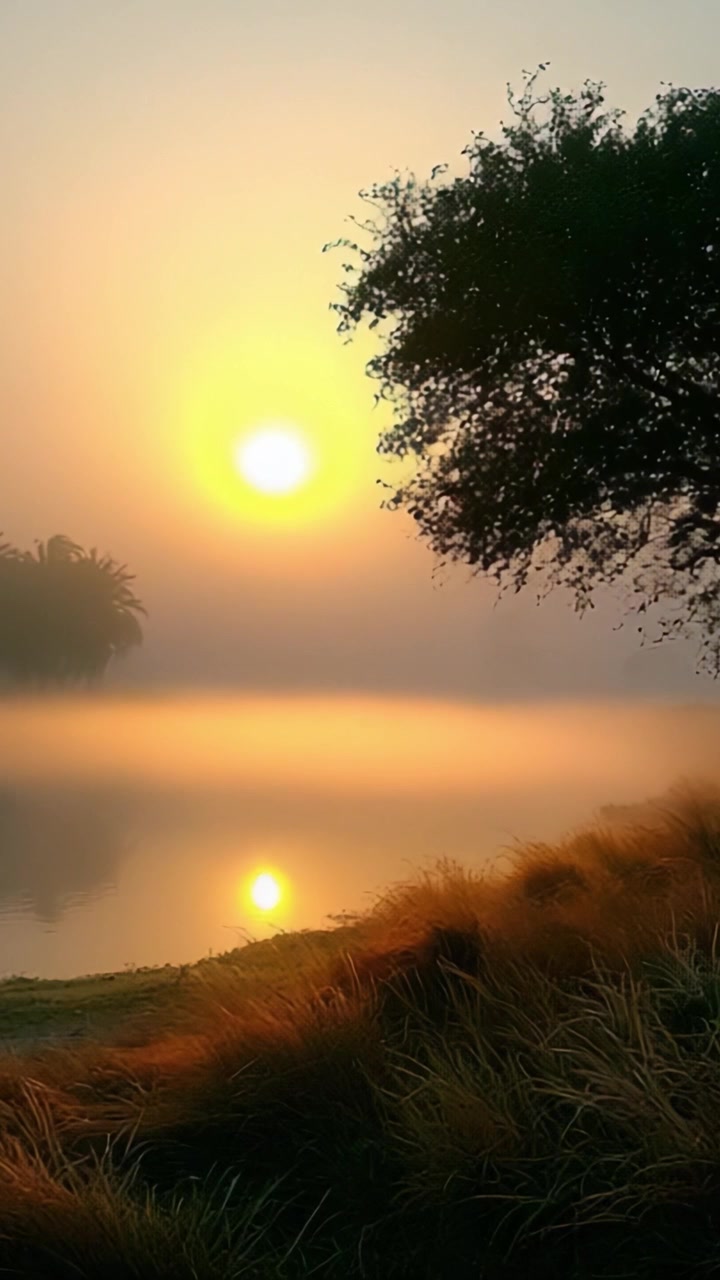 A Serene Sunrise: Embracing the Tranquility of Early Morning Light Over a Misty Riverbank Surrounded by Lush Grass and Majestic Trees