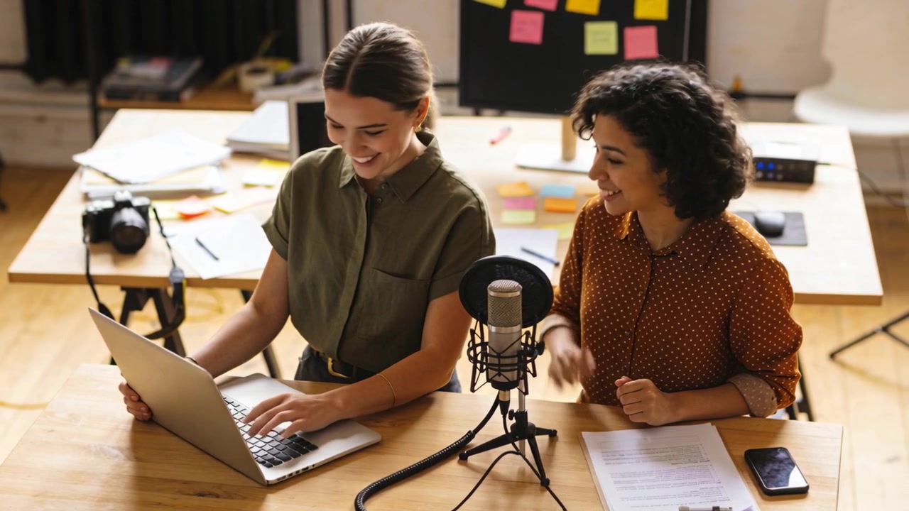 Pointing, left olive-shirt typing laptop while right rust-blouse gesturing mic, agreeing at table