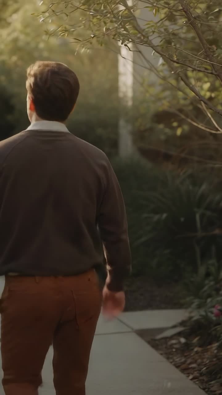 Vertical video: Glancing left to check off-frame, man wearing brown sweater walking concrete path