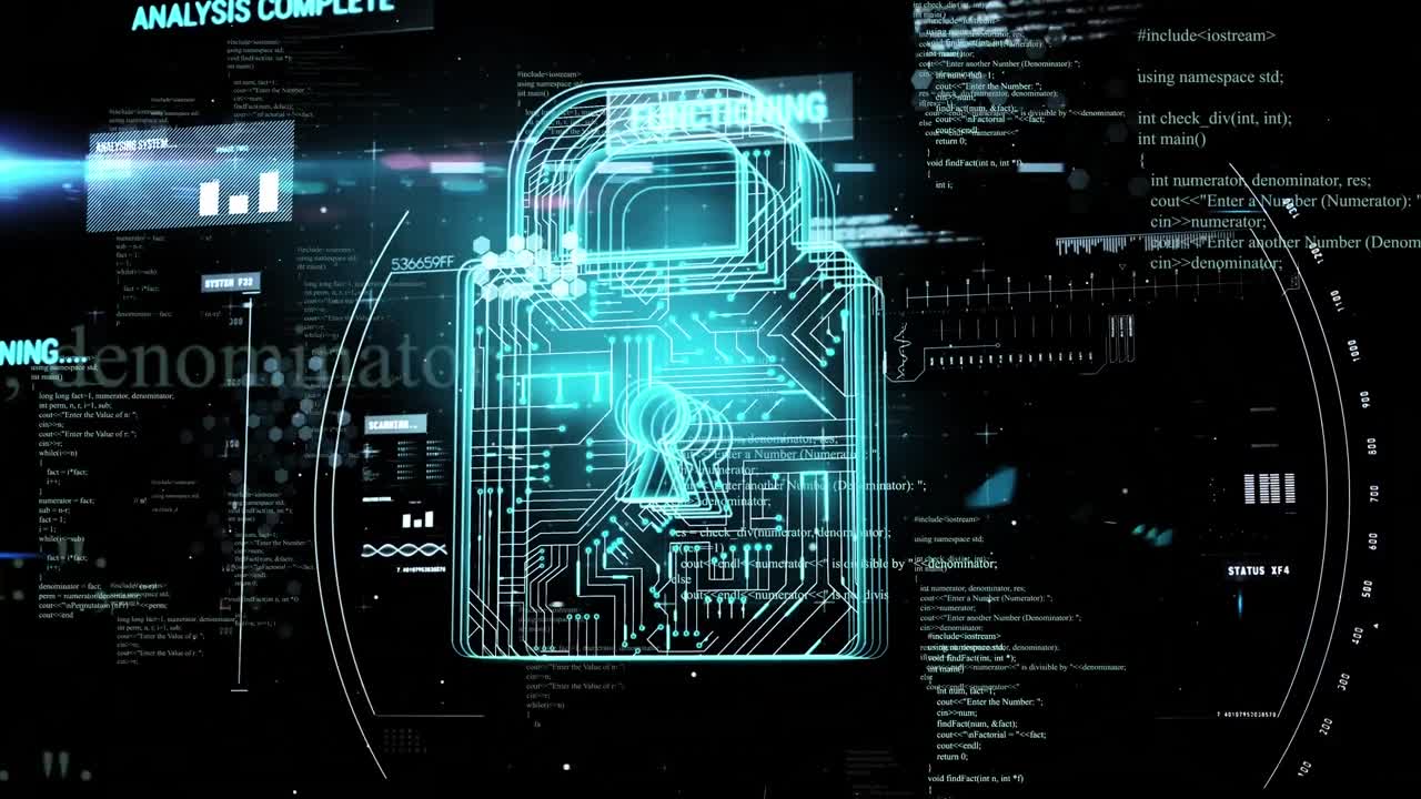 Animation of ai data processing over padlock and dark background