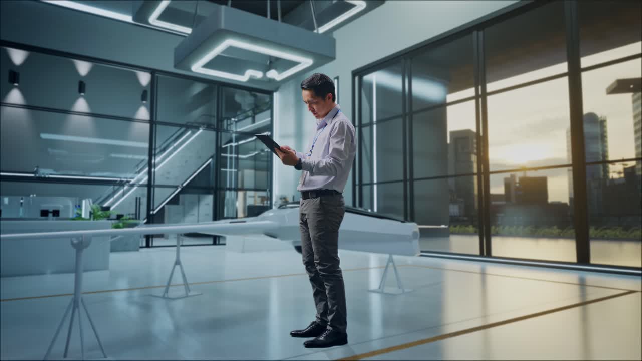 hombre trabajando en una tableta en una oficina futurista moderna