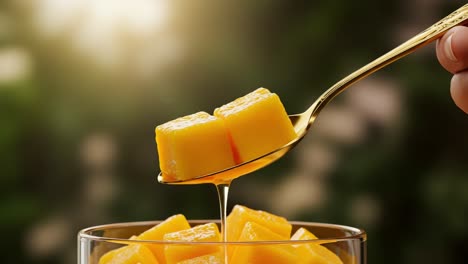 deliciously fresh mangoes: a hand elegantly lifts golden cubes of juicy mango from a glass dish, highlighting their vibrant color and irresistible sweetness against a soft focus background