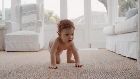 cute baby boy crawling toddler exploring with curiosity happy infant learning having fun enjoying childhood at home 4k