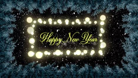 Animation-of-happy-new-year-text-with-fairy-lights-frame-and-fir-tree-branches-and-snow-falling