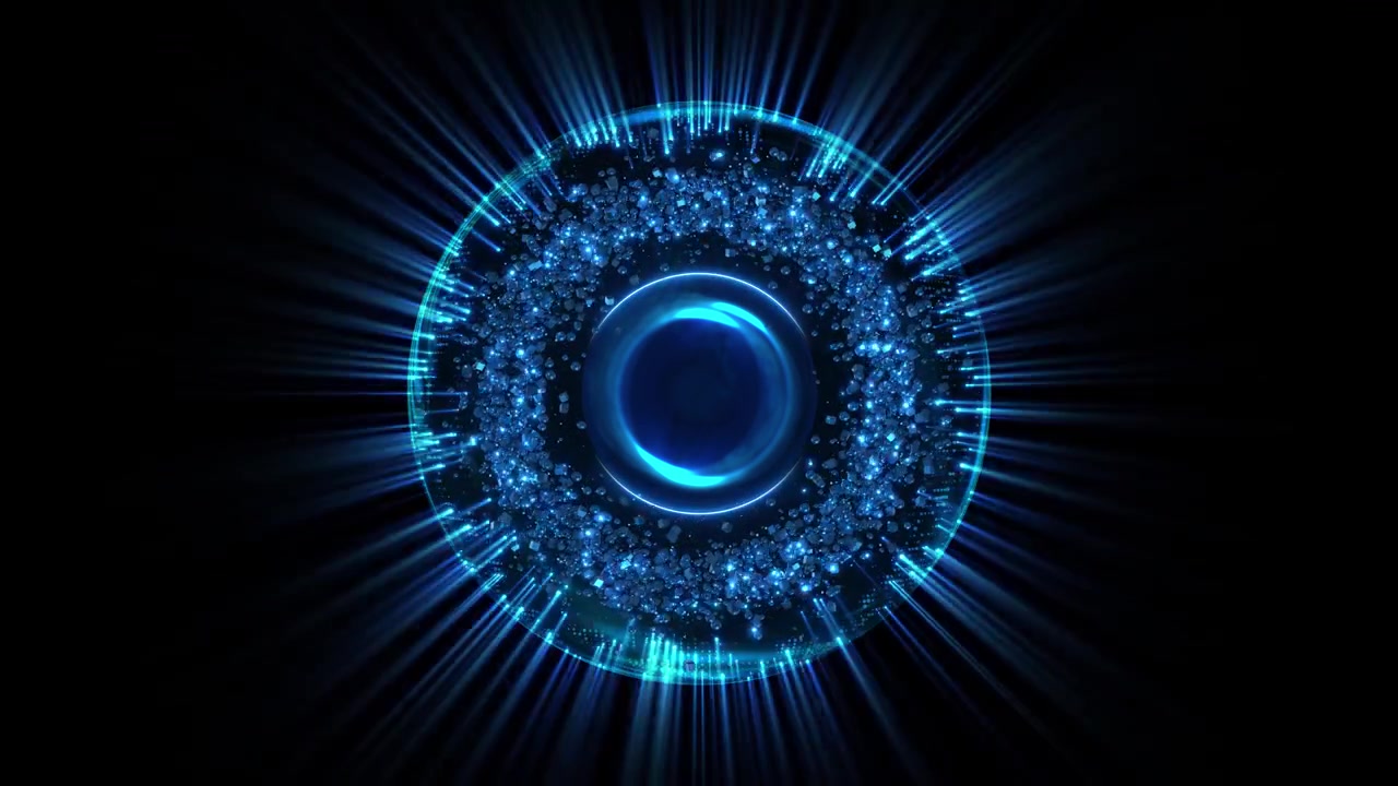 Illuminated blue sphere anchors circular display fragments bright radial rays artificial