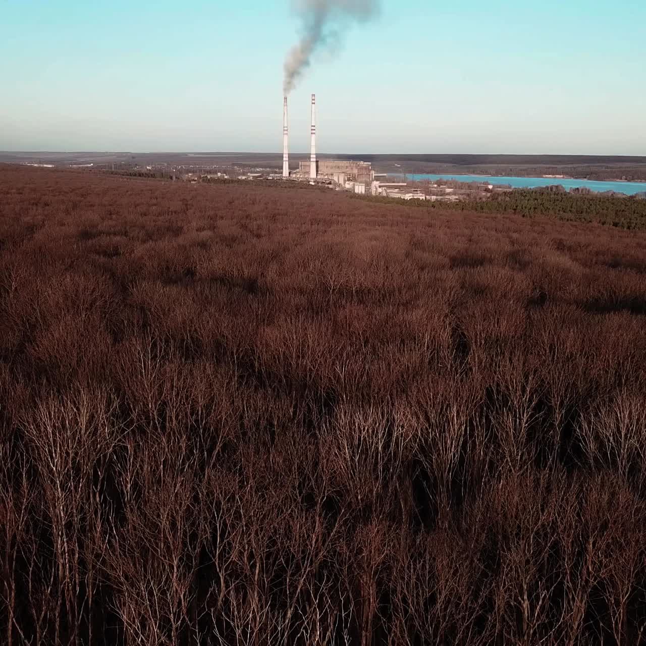 removed view of the autumn forest and power station near the river. Aerial view