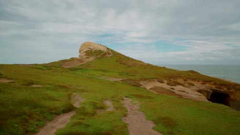 walking down a path to the plateau of a sea arch along the coast in new zealand