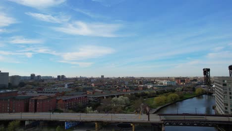 blooming spring trees in park of eco-friendly urban city drone