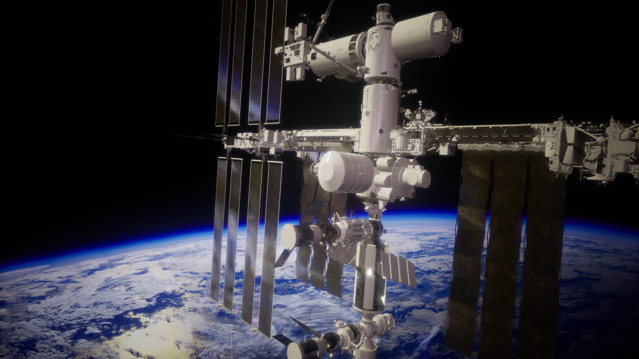Space station orbits earth vibrant with blue and white patterns below