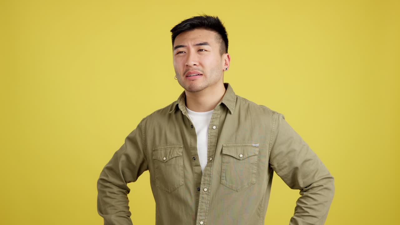 Asian Man Expressing Various Emotions on Yellow Background