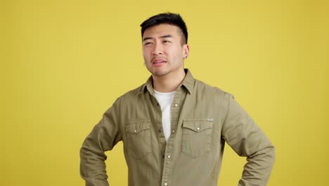 asian man expressing various emotions on yellow background
