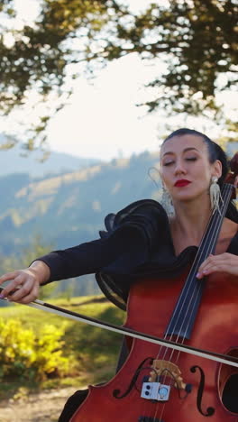 Pretty lady playing on cello. Outdoor musical perfomance with cello. Vertical video