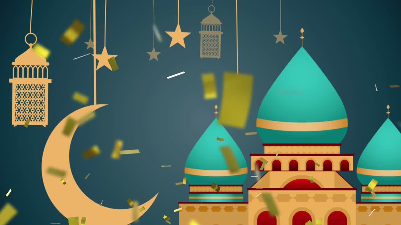 animación de techos de estilo árabe, luna creciente, lámparas y estrellas con confeti cayendo en azul