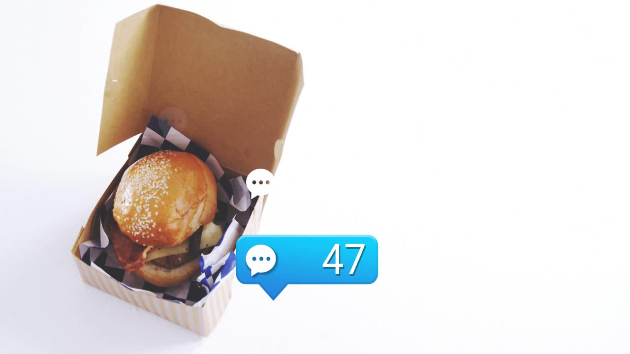 Frames advancing, food box with burger attracting comment bubble updating to 95, boosting reach