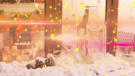 animación de manchas brillantes que caen sobre las decoraciones de navidad