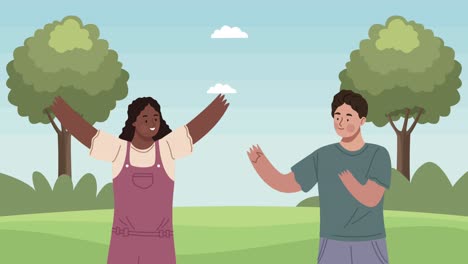 joven pareja interracial en los personajes del campamento