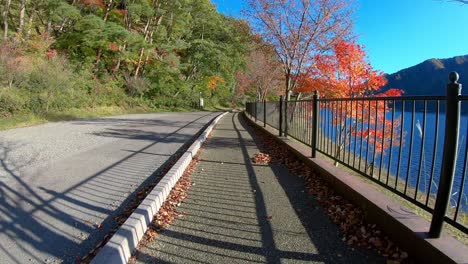 POV-riding-along-cycling-path-near-lake-Kawaguchi,-surrounded-by-maple-trees