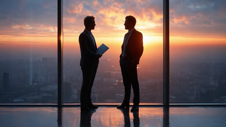 Professionisti aziendali impegnati in una discussione sullo sfondo di un maestoso tramonto visto da un grattacielo, a simboleggiare la collaborazione e le opportunità future
