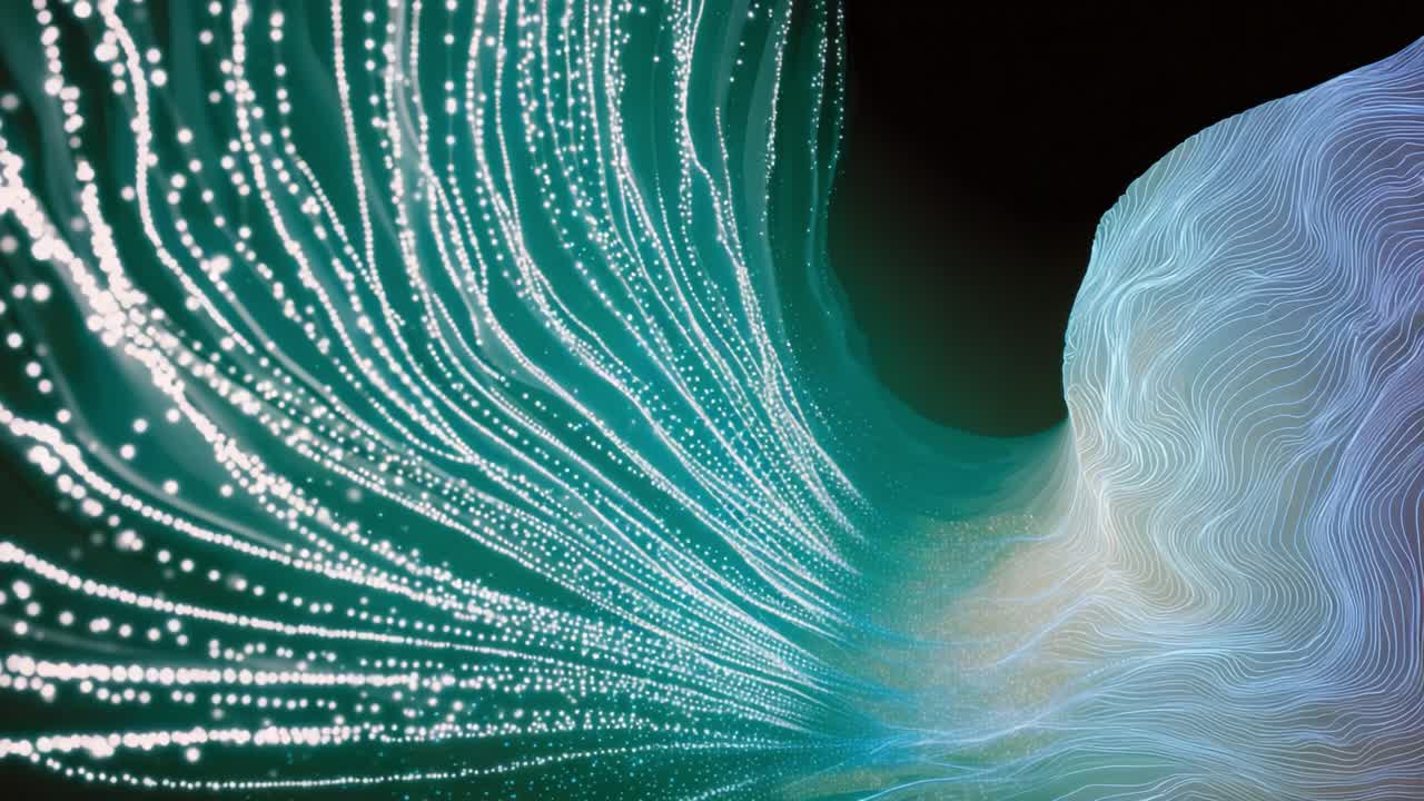 Luminous teal and white particles forming curved lines flowing through a dark space, representing data transfer, neural networks, or futuristic digital concepts in a dynamic abstract animation