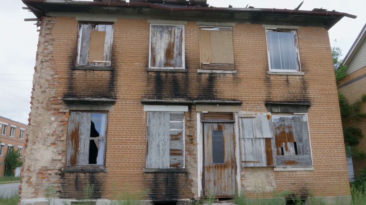 Abandoned Brick House With Boarded Windows, Charred Facade And Broken Glass, Peeling Shutters And Warped Door,