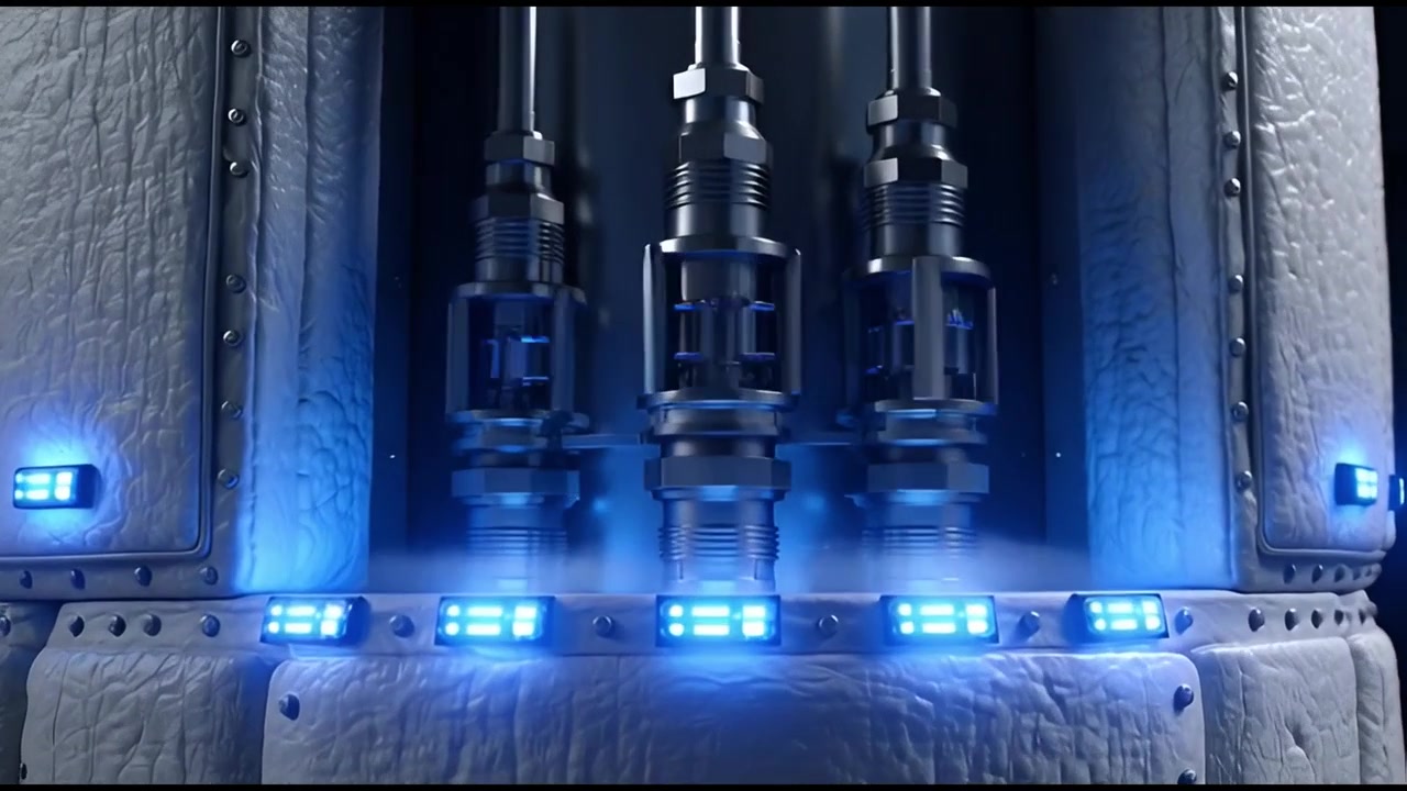 Industrial Machine Activating with Blue Lights and Cooling Vapor