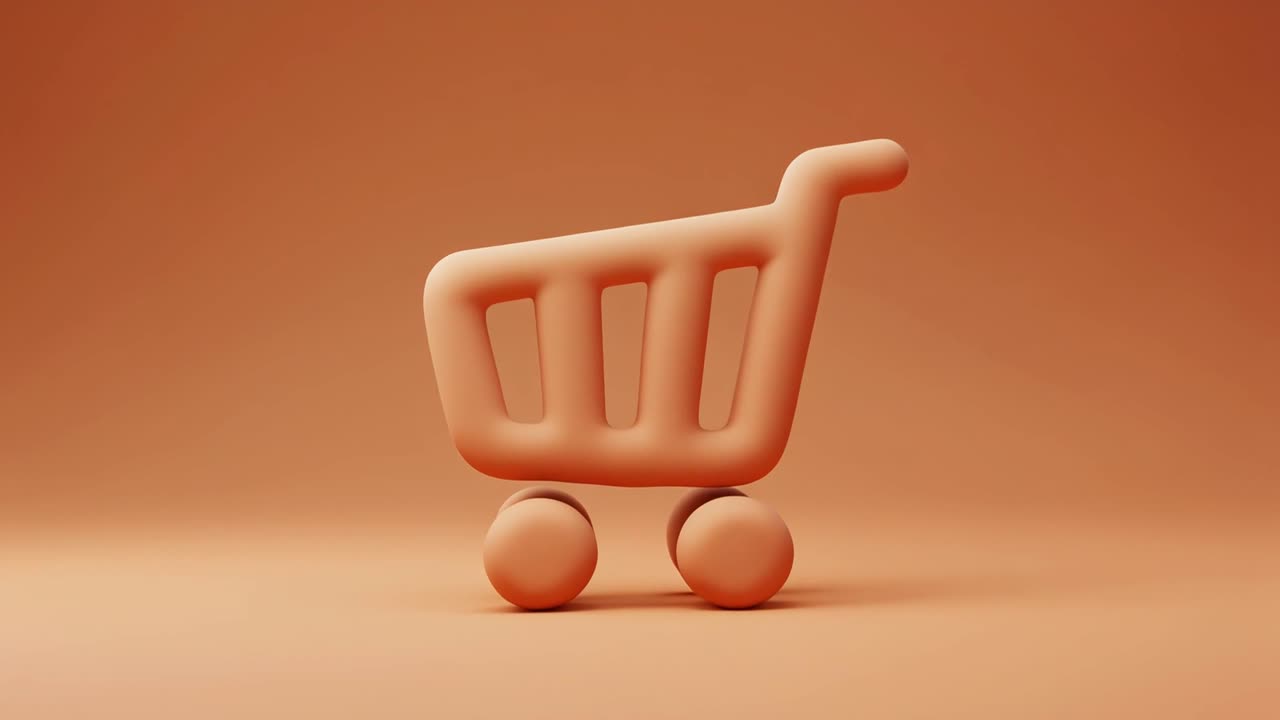 Animazione di un'icona 3D minimalista del carrello della spesa su sfondo arancione