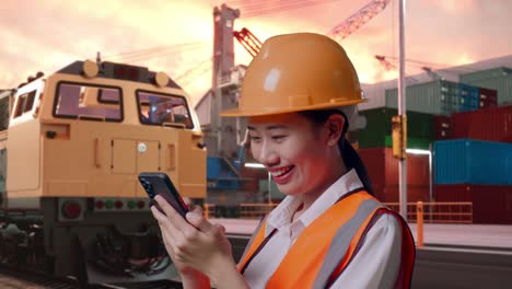 close up side view of asian female engineer with safety helmet using smartphone with freight cargo train at port